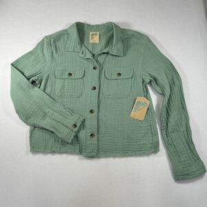 THERE ABOUTS Lightweight Shacket Green Button Up Raw Hem NEW